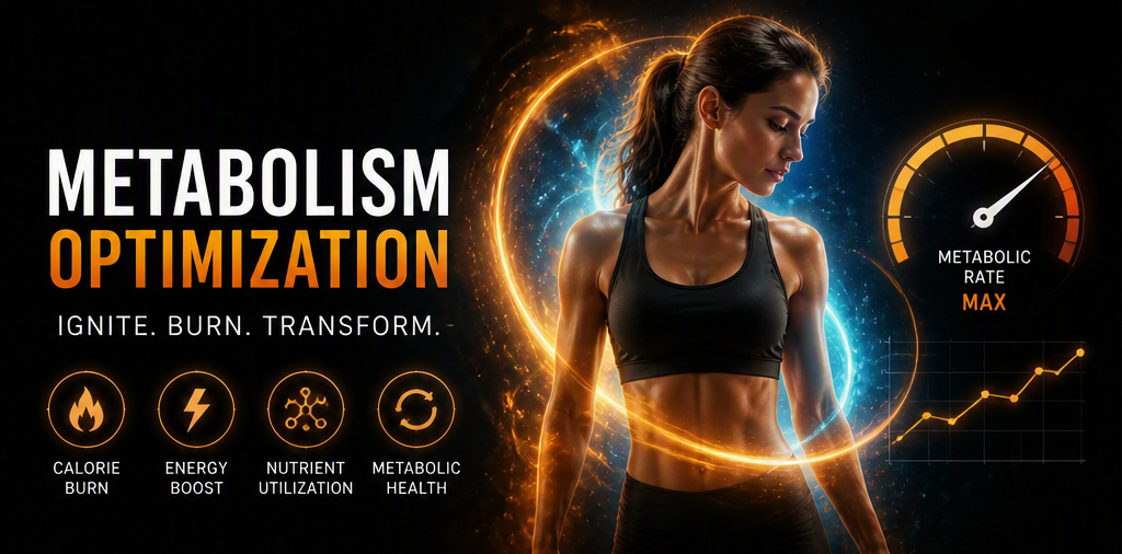 Metabolism artwork — an athlete wrapped in rings of fire-and-ice light beside a metabolic gauge.