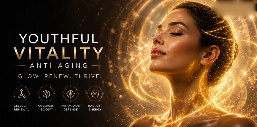 Anti-Aging artwork — a woman in profile glowing with golden light rings.