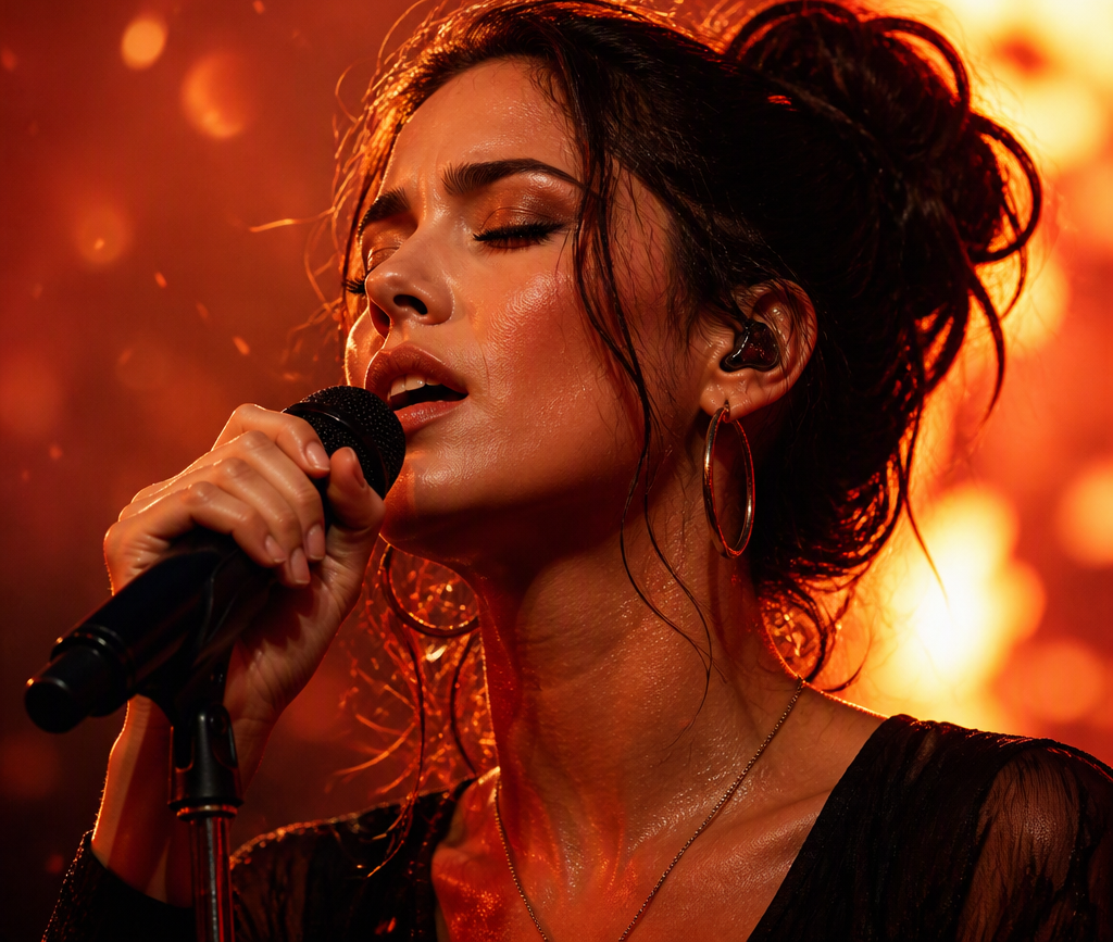 A vocalist singing into a microphone under red stage light, embers drifting through the air.