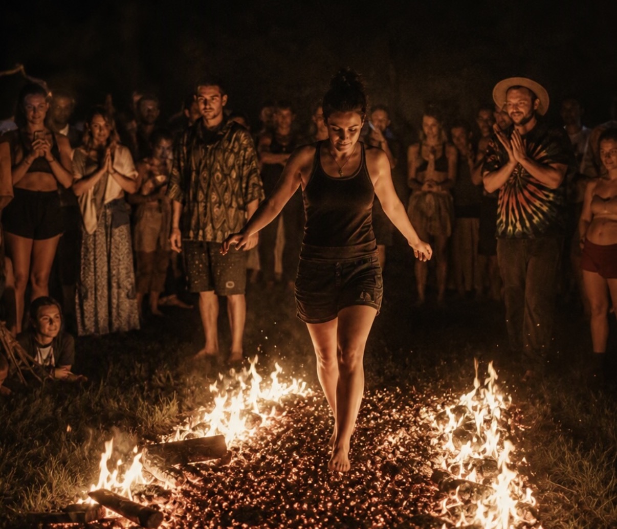 A walker crossing a bed of glowing coals at night, surrounded by a circle of onlookers.