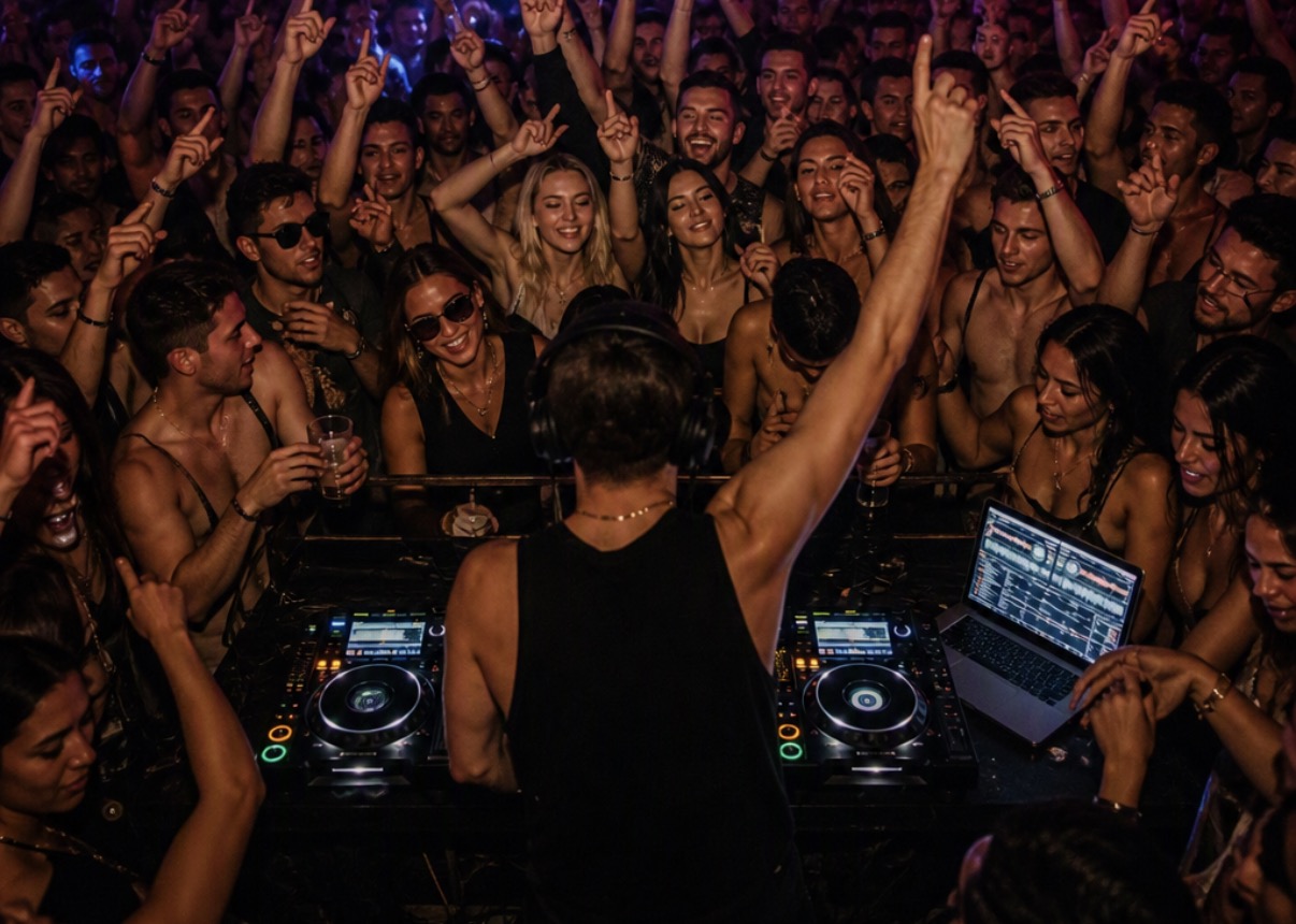 From behind the DJ booth, a DJ in headphones raises an arm over a packed crowd with hands in the air.