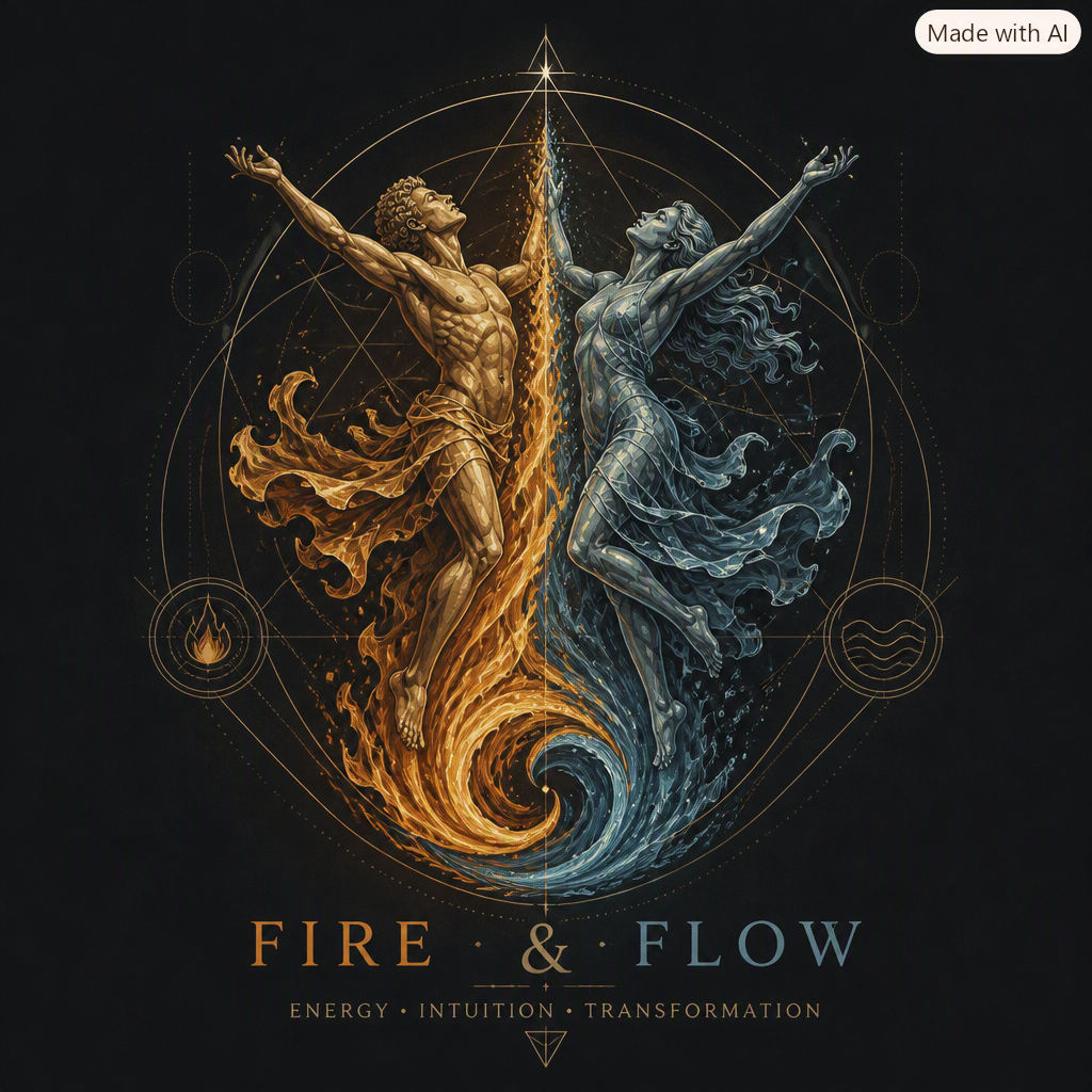 Fire & Flow emblem — twin figures of flame and water held in sacred geometry.